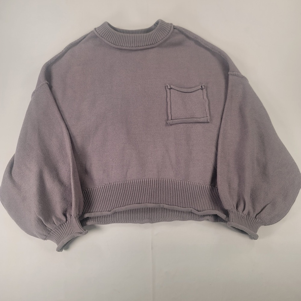 POL Gray Balloon Sleeve Sweater Women's S‎ Cotton Exposed Seam Pocket Knit